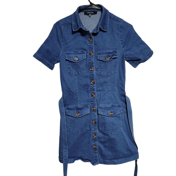 Sugar Lips Denim Mini Dress Womens Size XS Dark Wash Bodycon Button Front Belt - Picture 2 of 6